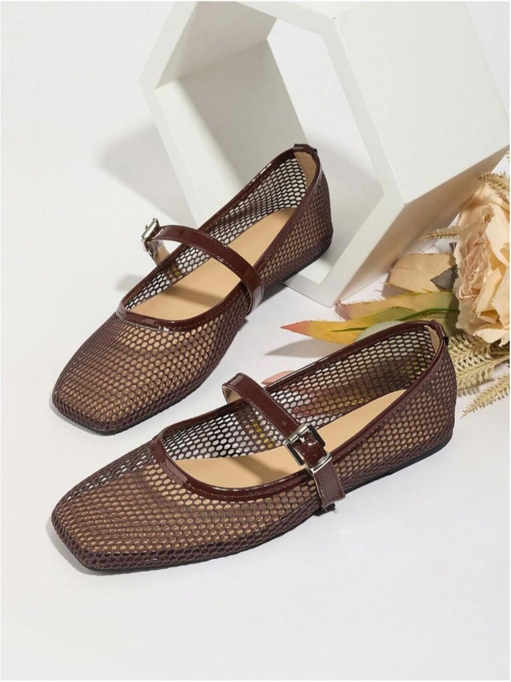 Women's Dark Brown Mesh Comfortable Square Closed Toe Mary Jane Ballet Flats - Picture 2 of 5